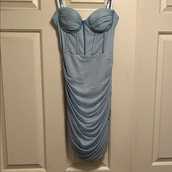 Baby Blue Ruched Mini Dress - Picture 1 of 7